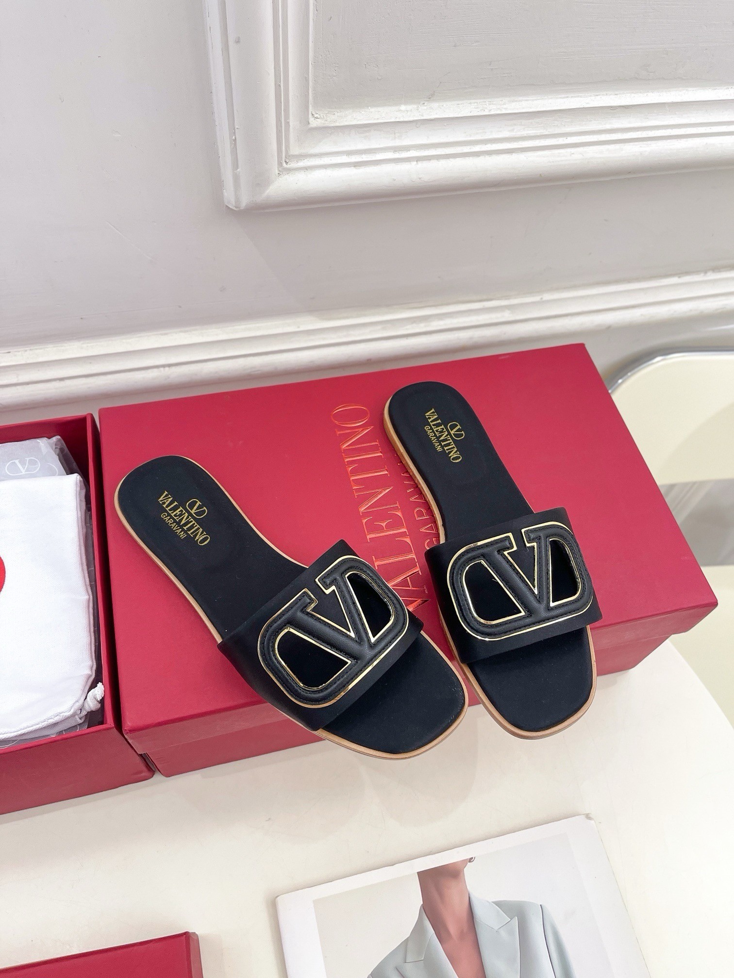 Valentino VLogo Cut-out Slide Sandals in Black Leather