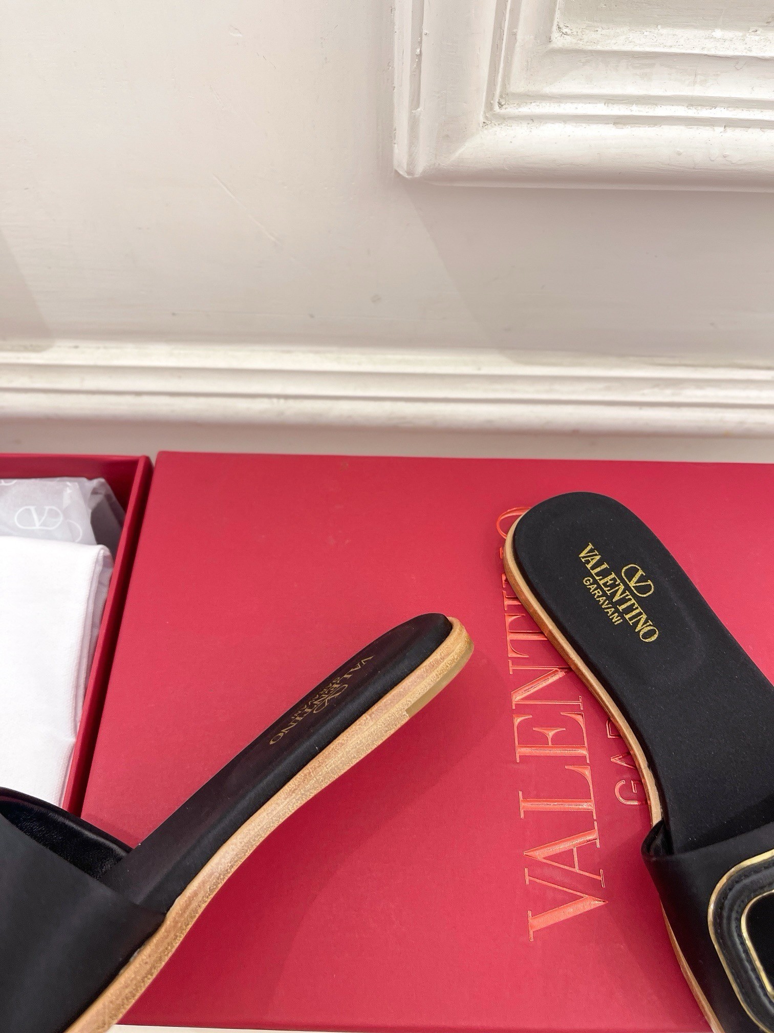 Valentino VLogo Cut-out Slide Sandals in Black Leather