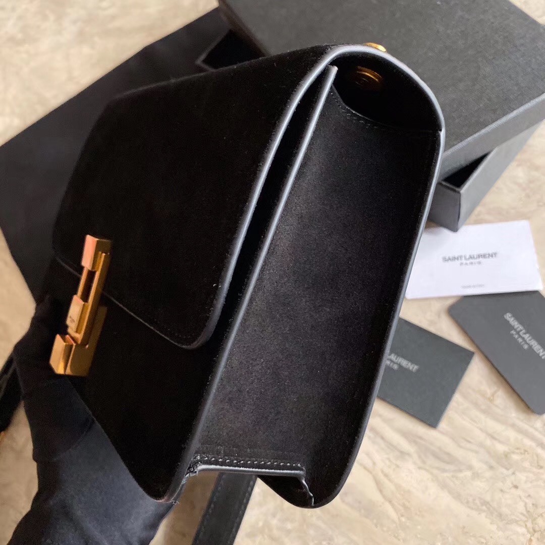 Sa**t Lau*nt carre satchel bag in black suede leather