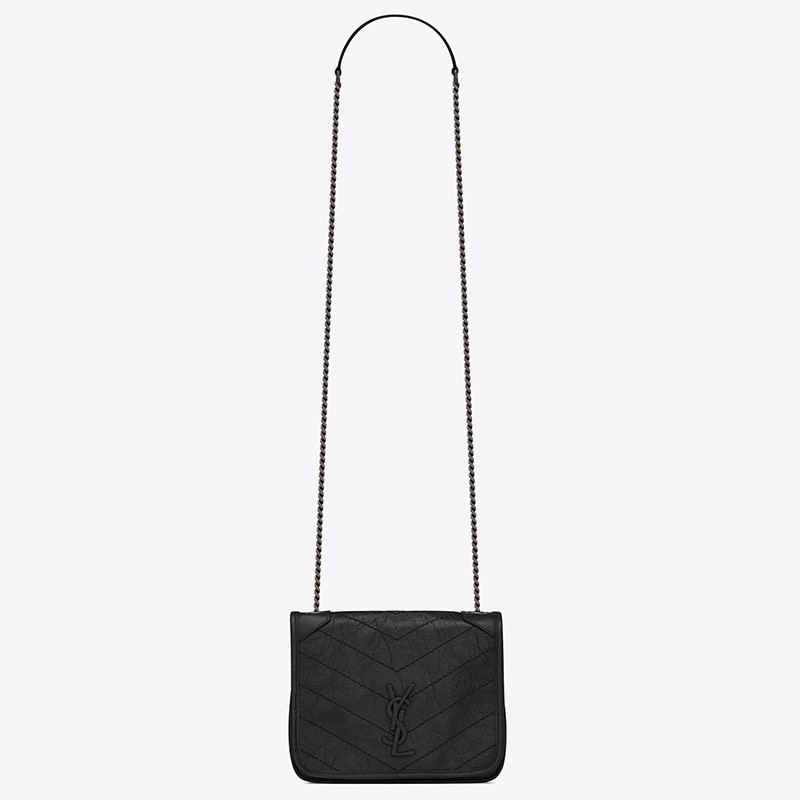 Sa**t Lau*nt woc niki chain wallet in black crinkled leather