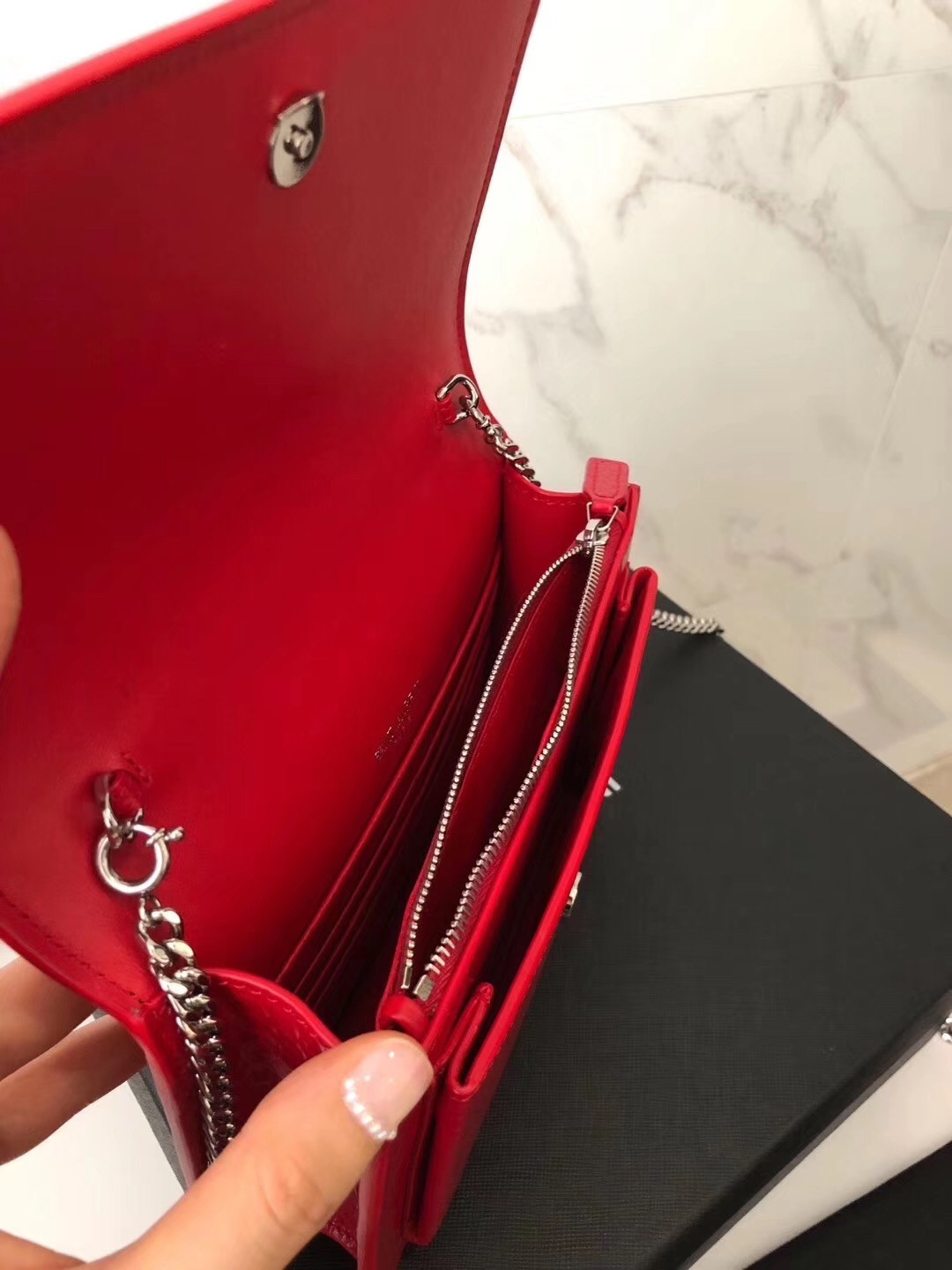 Sa**t Lau*nt woc sunset chain wallet in red croc-embossed leather