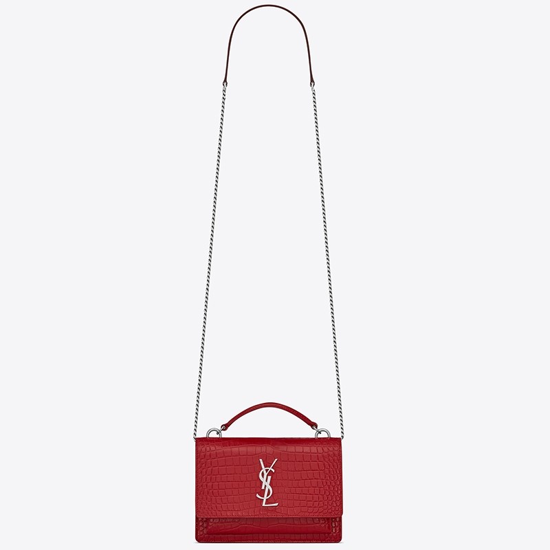 Sa**t Lau*nt woc sunset chain wallet in red croc-embossed leather