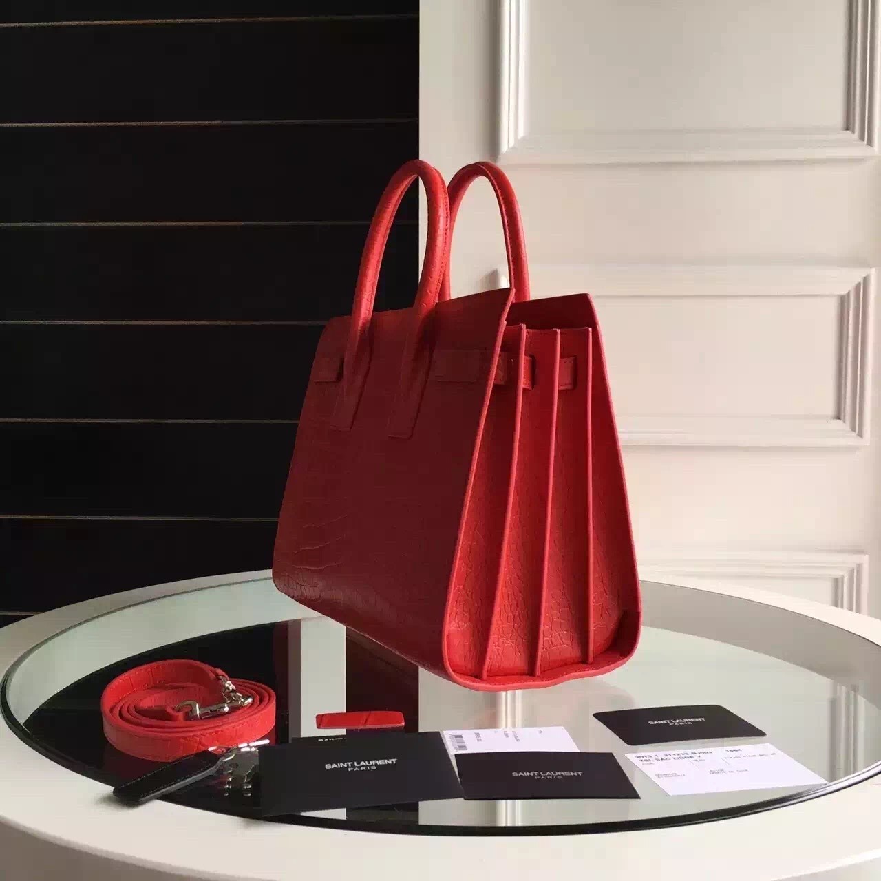Sa**t Lau*nt small sac de jour bag in red crocodile leather