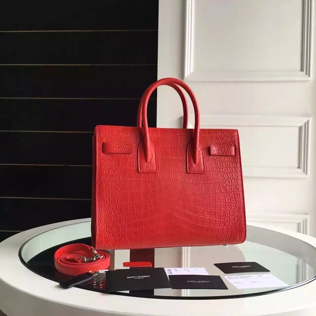 Sa**t Lau*nt small sac de jour bag in red crocodile leather