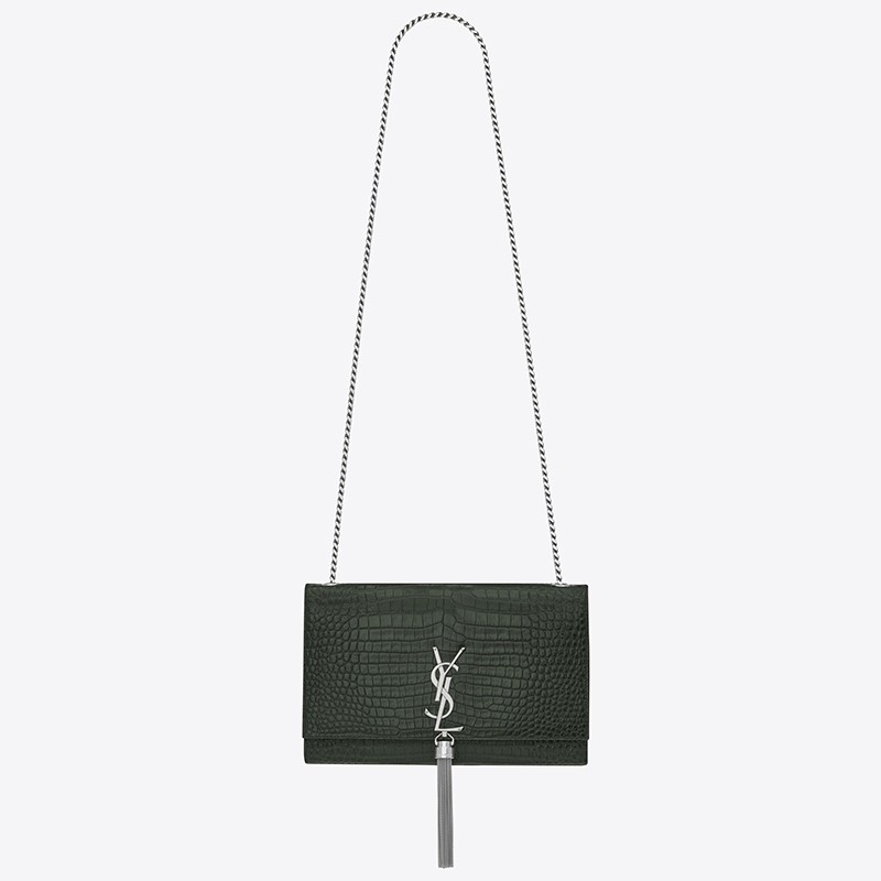Sa**t Lau*nt medium kate bag with tassel in dark green croc-embossed leather