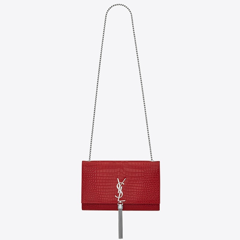 Sa**t Lau*nt medium kate bag with tassel in red croc-embossed leather