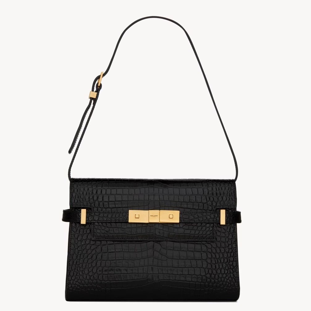 Sa**t Lau*nt manhattan small shoulder bag in black crocodile embossed calfskin