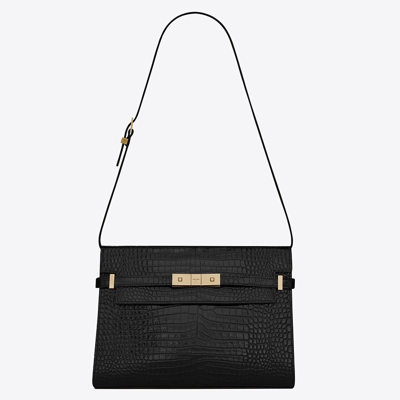 Sa**t Lau*nt manhattan shoulder bag in black crocodile embossed leather