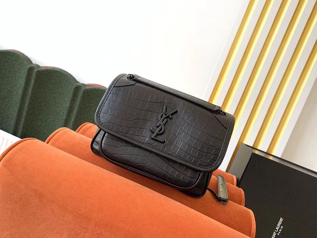 Sa**t Lau*nt niki baby bag in black crocodile embossed leather