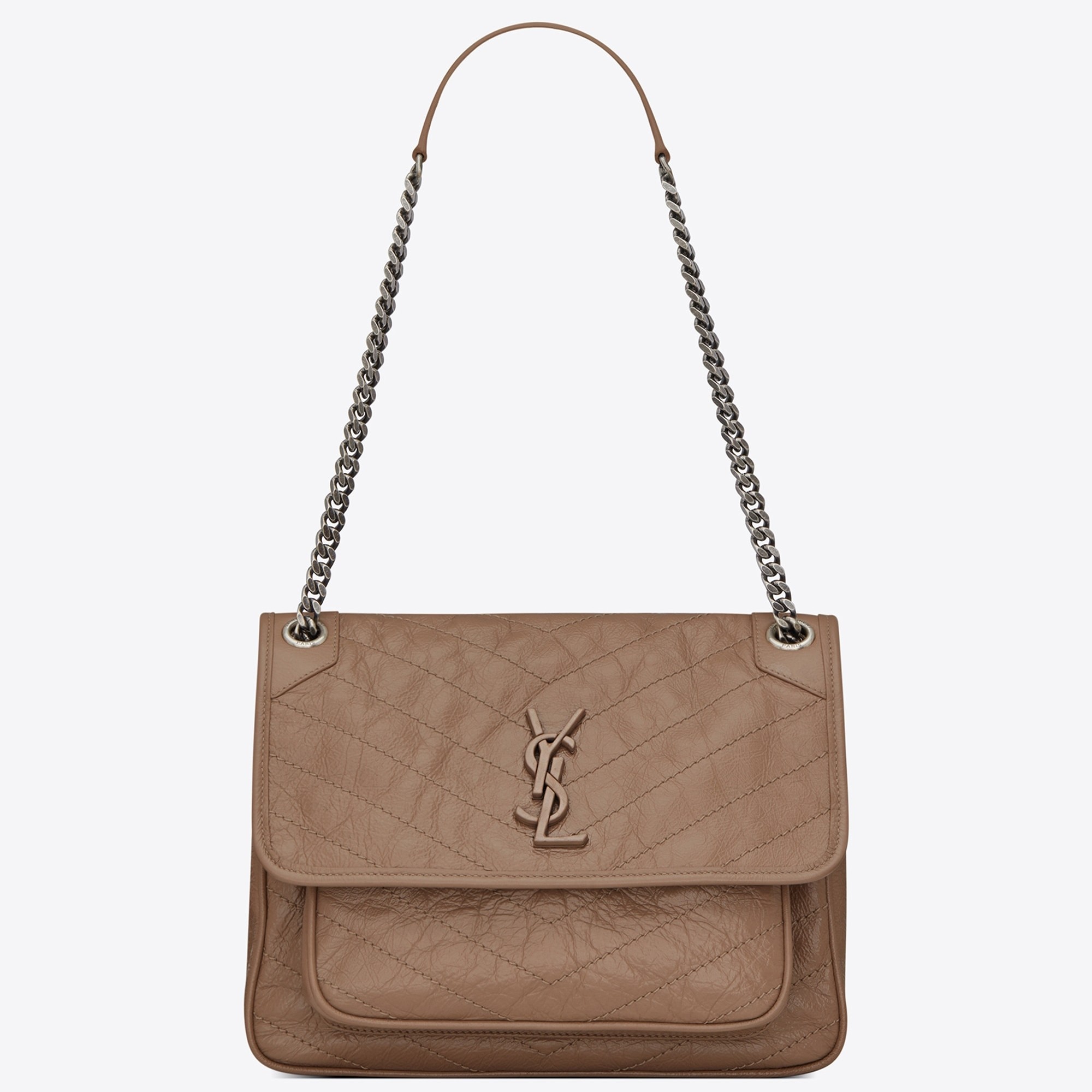 Sa**t Lau*nt medium niki bag in taupe crinkled leather