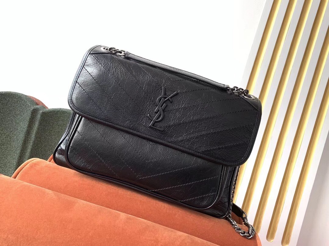 Sa**t Lau*nt large niki chain bag in black crinkled leather