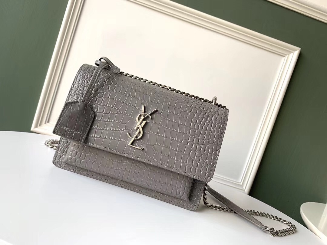 Sa**t Lau*nt sunset medium bag in grey crocodile embossed leather