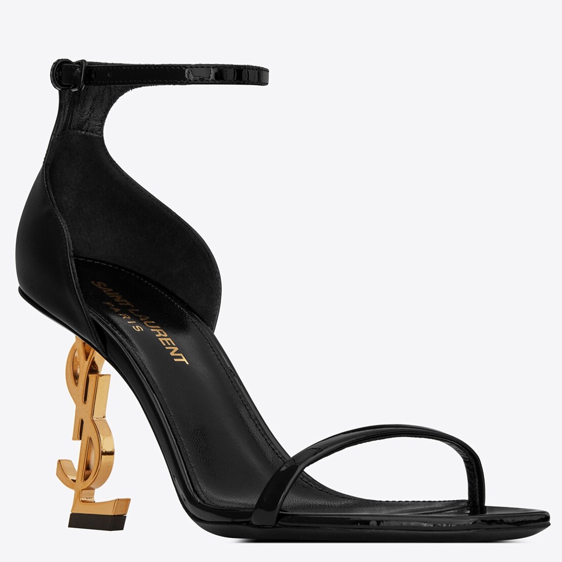 Sa**t Lau*nt opyum 85mm sandals in black patent leather with gold y*l heel