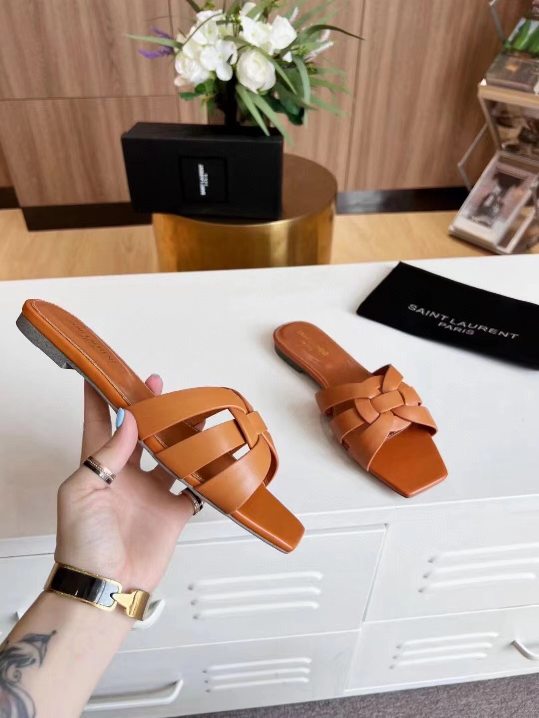 Sa**t Lau*nt tribute slides in tan calfskin