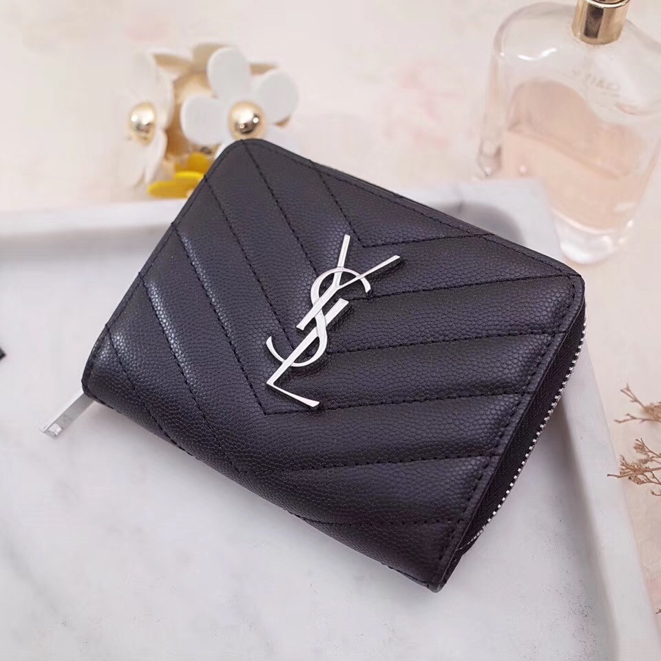 Sa**t Lau*nt compact zip around wallet in noir leather
