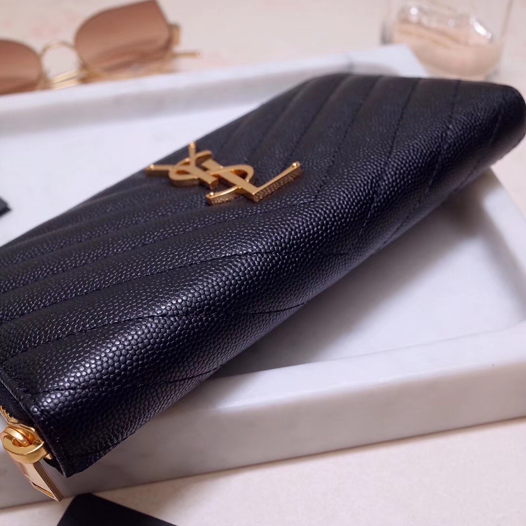 Sa**t Lau*nt monogram zip around wallet in black grained leather